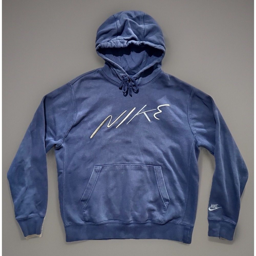 Vintage Nike Mens Script Hoodie Sz Large Blue Pullover Spellout Y2K W Flaw